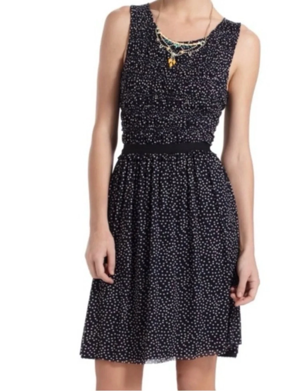ANTHRO X POSTMARK M Swiss Dot Ruched Stretch Polka Dot Dress